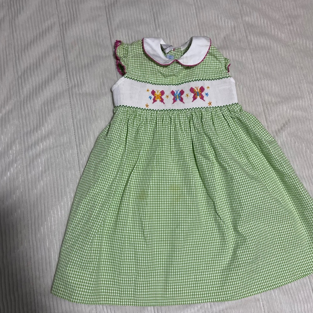 Smocked Green Gingham Kids Dress with Butterfly Embroidery